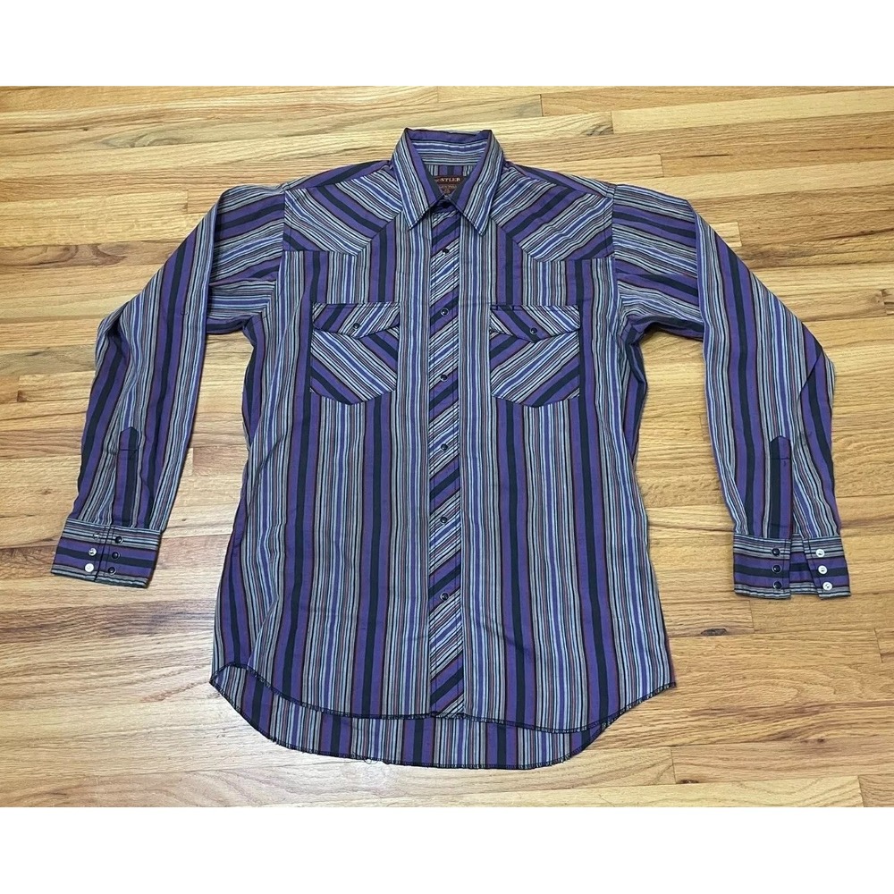 Rustler‎ Western Button Up Shirt Men's (15.5-34/35) X-Long Tails Purple Striped